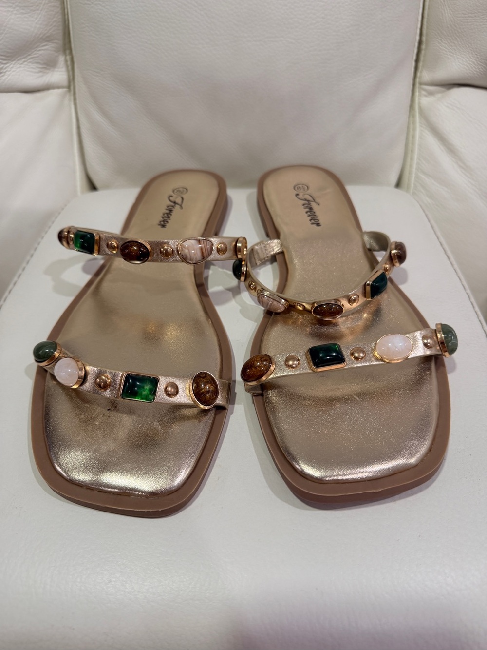 Forever 21 Tan Slide Sandals with Green & Gold Gem Accents. Exellent Condition - Picture 4 of 9